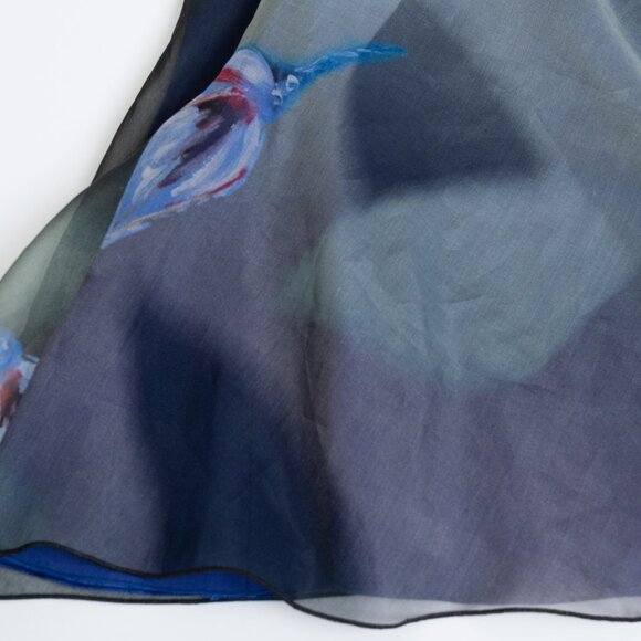 Silk Midi Skirt Floral A-lined Lined Blue Ombre - Picture 9 of 13